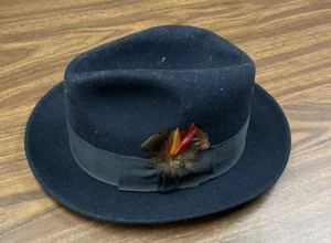MALLORY BY STETSON Navy Feathered Fedora Hat Sz 7 1/8 Pure Wool - Picture 1 of 9