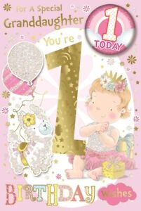Granddaughter 1st Birthday Card & Badge 1 Today Girl Balloons Glitter Foil 9x6"