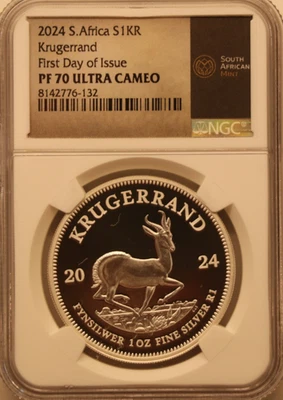 Серебряная монета Krugerrand 1 унция NGC-PF-70 первый день выпуска серебро .999 S1KR 2024 КАМЕЯ - Изображение 1 из 4