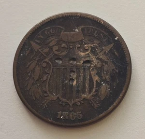 1865 Two Cent Piece Copper Coin - Picture 1 of 2