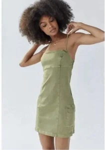 Urban Outfitters Whitney Denim Mini Dress Small Cargo Olive Green Y2K 90’s NWT - Picture 1 of 8