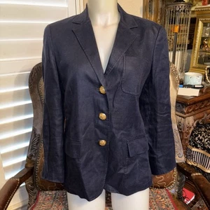 VNTG Polo Ralph Lauren Navy Blazer Jacket Sz 10 100% Linen Gold Buttons - Picture 1 of 13