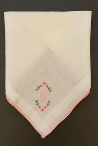 Pañuelo especial vintage para mujer inicial G bordado rosa floral ovalado - Imagen 1 de 10
