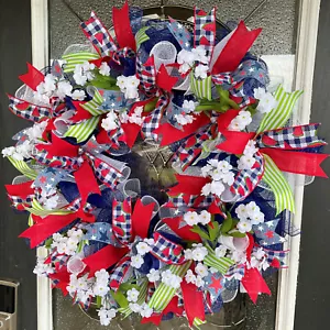 Watermelon Patriotic Summer Floral Memorial Day 4th of July Deco Mesh Wreath - Picture 1 of 6
