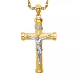 14K Solid Two Tone Gold Inri Jesus Crucifix Cross Necklace - Picture 1 of 12