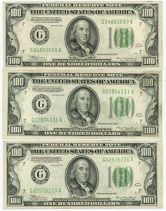 FR#2152G $100 1934 (3) Federal Reserve Notes Chicago - Crisp DC-6184 - Picture 1 of 2