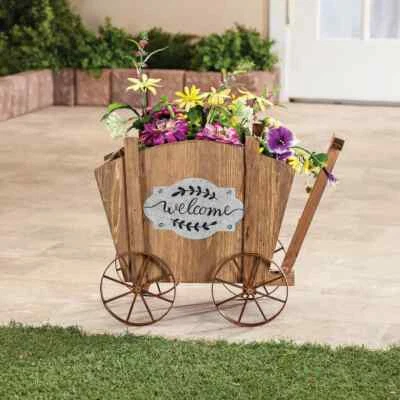 Welcome Rustic Wooden Wagon Garden Statue Planter Box - Image 1 of 4