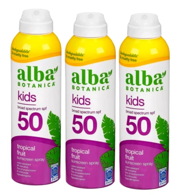 Spray protector solar para niños Alba Botanica FPS 50 - 5 OZ frutas tropicales (PAQUETE DE 3) Foto 1 de 4