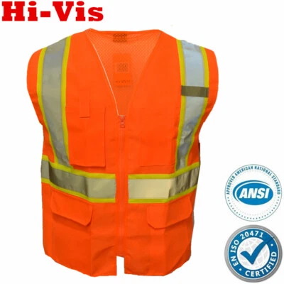 Safety Work Hi Vis ANSI Class 2 Reflective Tape Vest High Visibility Neon Orange - Image 1 of 4