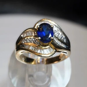 14K Yellow Gold Ring Lab Created Blue Sapphire +50 Diamonds 2.5tcw 7.18gr size 7 - Picture 1 of 6