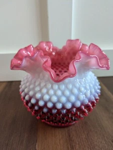 Vintage Fenton Cranberry Hobnail Opalescent Vase Bowl Scalloped Ruffled Edge - Picture 1 of 9