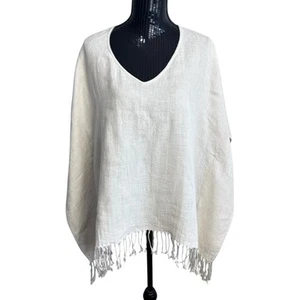 Michael Kors Linen Top Womens 1x Beige Poncho Fringe Hem Boho Western Coastal - Picture 1 of 8