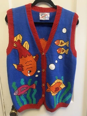 Cotton Salsa Sweater Vest Fish Button Up Hand Made In Peru - Image 1 of 4