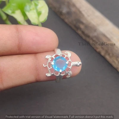 Swiss Blue Topaz Tortoise Ring~ 925 Sterling Silver Plated ~ Statement Ring ~ - Image 1 of 4