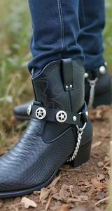 New Men Boot Biker Metal Chain Black Wrap Around 2 Straps Texas Lone Star Charms - Picture 1 of 24