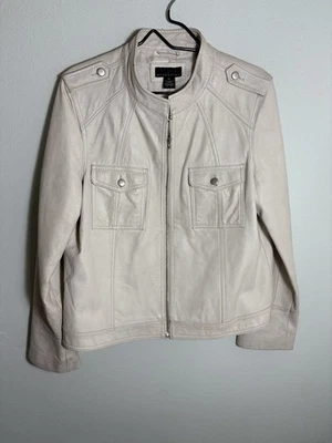 Chaqueta de moto de cuero marca Attention para mujer talla 16 marfil bolsillos con cremallera completa Foto 1 de 4