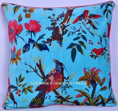 16" Indian Bird Print Velvet Turquoise Cushion Throw Reversible Pillow Cover - Image 1 of 3