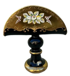 Czech Bohemian Egermann 24K Gold Enamel Black Art Glass Napkin Holder Pedestal - Picture 1 of 15