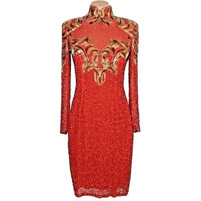 Vestido Con Cuentas Rojo Vintage Negro Corbata Seda Dorado Cuello Simulado Espalda Abierta Manga Larga Años 80 Foto 1 de 4