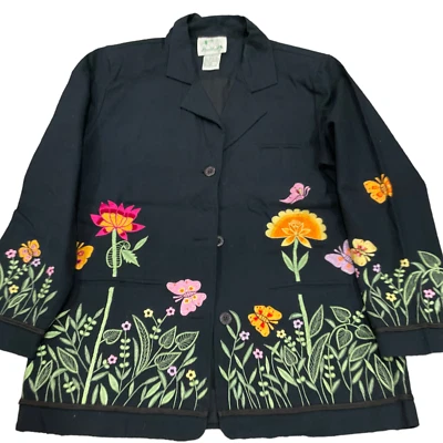 S New Quaker Factory Shirt Jacket Black Floral Embroidered butterflies flowers S - Image 1 of 4
