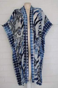 New NWT Chico's S/M Calm Blue Knit Filigree Burnout Goddess Long Ruana Jacket - Picture 1 of 6