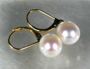 AAA 9-10mm Natural White Akoya Pearl Dangle 14K Gold Leverback Earrings - Picture 1 of 6