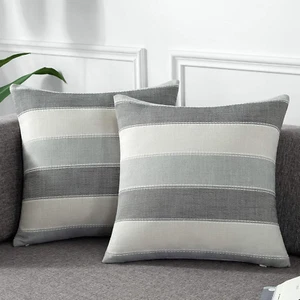 Pack of 2 Farmhouse Stripe Check Throw Pillow Covers Set Case Cotton Linen Decor - Picture 1 of 12
