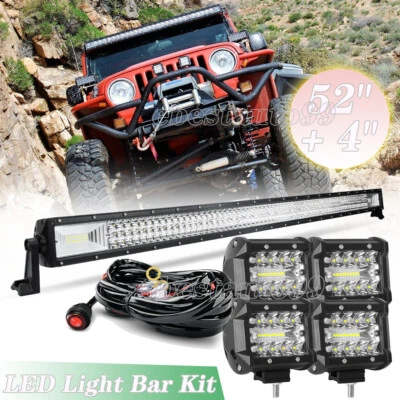 52'' inch LED Light Bar + 4" Pods + Wire Combo Kit for Jeep Wrangler JK TJ YJ CJ - Image 1 of 4