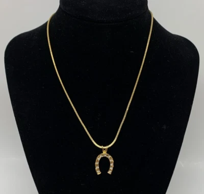Vintage 14.5" LuckyHorseshoe Pendant w/Stones Gold Tone Box Chain Necklace - Image 1 of 4