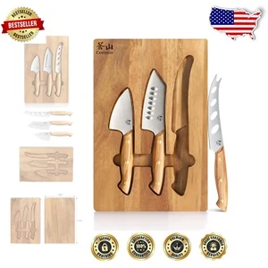 Juego de cuchillos para queso de acero japonés con asas únicas de madera de olivo y tablero de acacia - Imagen 1 de 11
