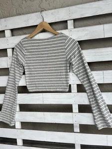 STR Teen Boat Neck Bell Long Sleeve Cropped Striped Shirt Women S - Picture 1 of 10