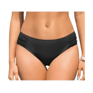 Bikini Bottom Low Rise Full Coverage Black Knit Ruched Bathing Suit Swim Bottom - Picture 1 of 8