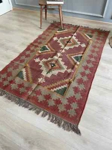 Red Kilim Rug Wool Jute Handmade Vintage Carpet Turkish Southwest Aztec Area Rug - Picture 1 of 5
