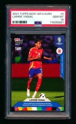 2023-24 TOPPS NOW UEFA #5 LAMINE YAMAL RC NATIONAL DEBUT BARCELONA ROOKIE PSA 10 - Image 1 of 2