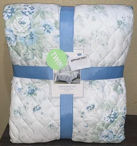 Simply Shabby Chic Rachel Ashwell "Gray Garden" Blue Green Floral TWIN Quilt Set - Picture 1 of 7