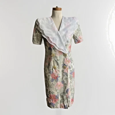 Vintage Leslie Fay Midi Dress Flax Floral Chiffon Shirt Sleeve ILGWU 8 Petite - Image 1 of 4