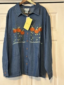 Quacker Factory Denim Button Up Shirt Pumpkins Beaded Size 3X Long Sleeve NWT - Picture 1 of 7