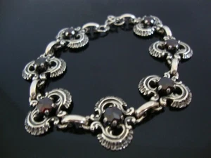 Old 800 Silver Natural Faceted Bohemian Garnet Gemstones Bracelet Signed - Picture 1 of 9