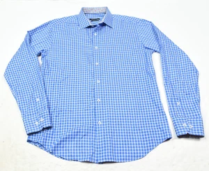 Bugatchi Shaped Fit Shirt Mens Medium Blue Plaid Flip-Cuff Long Sleeve Cotton - Picture 1 of 14