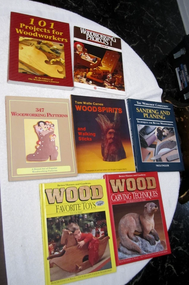 7 WOODWORKING WOOD CARVING BOOKS - WOODWORKER'S JOURNAL, TOM WOLFE, and MORE - Image 1 of 4