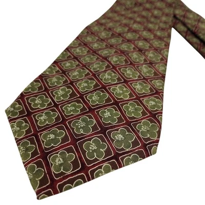 Lands End Mens Tie Burgundy Green Floral Pattern Silk - Image 1 of 3