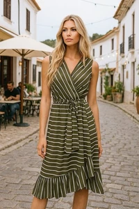 Reborn J Womens Olive & White Striped Sleeveless Wrap Dress XL - Picture 1 of 9