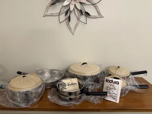 Seltenes 11-teiliges nie benutztes EKCO Endura 3-lagiges Kochgeschirr-Set Wave Swirl MCM Design USA Vintage - Bild 1 von 23