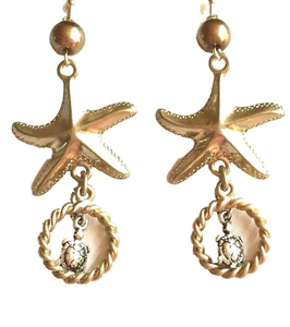 Perlen Meeresschildkröte Seestern Ohrringe Statement Chunky Island Silber vergoldet - Bild 1 von 10