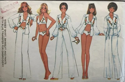 70's McCalls 5025 Bikini Swimsuit, Shirt, Wide Leg Pants sewing pattern UNCUT 14 - Image 1 of 4