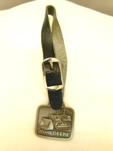 5" WHITE METAL WATCH FOB W/ LEATHER STRAP ADVERTISING JOHN DEERE DOZIER - Picture 1 of 6