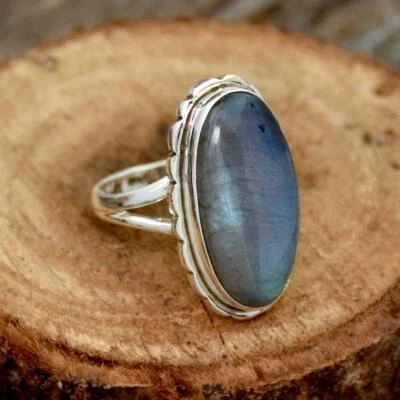 Piedra Labradorita 925 Plata de Ley Hecho a Mano Anillo Todos los Tamaños - Imagen 1 de 3