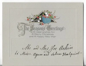 Vtg CHRISTMAS CARD-apx 5x4 ART DECO Black Triangle Blue Pot Season's Greetings - Picture 1 of 2