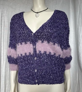 Vintage Knit Sweater Cardigan Button Up Purple Retro Grunge Preppy 90s School OS - Picture 1 of 24
