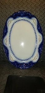 ANTIQUE ALFRED MEAKIN FLOW BLUE RALEIGH PATTERN 18" X 12-5/8 PLATTER Gold Accent - Picture 1 of 24